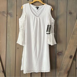 Nina Leonard White Crochet Cold Shoulder Swing Dress Knee Length L 3/4 Sleeve